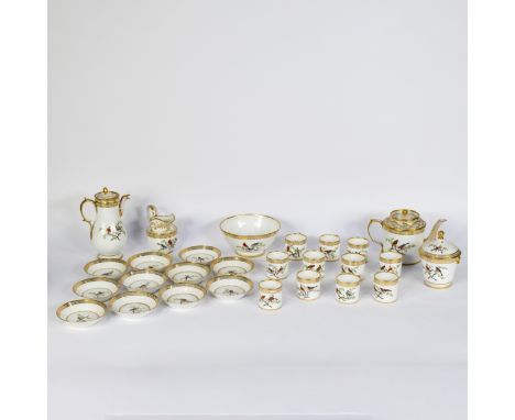 A 27-piece polychrome and gilt coffee and tea service in Paris porcelain hand-painted with bird decor after Buffon, 19th cent