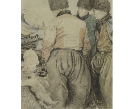 Henri CASSIERS (1858-1944), coloured etching Fishermen at the quay, signedHenri CASSIERS (1858-1944), ingekleurde ets Vissers