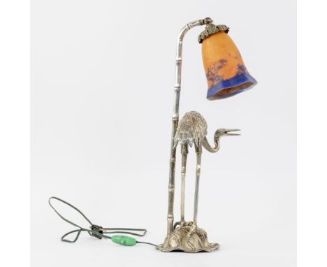 Art Deco lampadaire with lamp base as a bamboo stem with a heron in silver-plated brass and shade in pâte de verre signed Nov