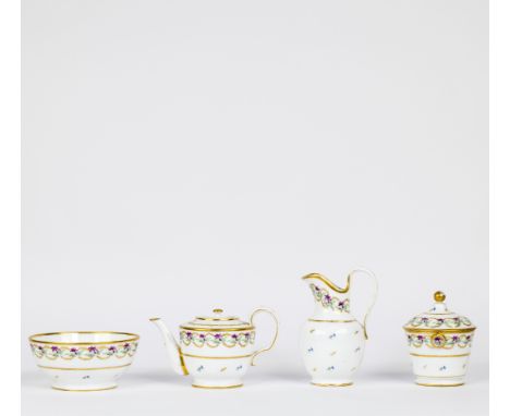 Meissen-style dinnerware set consisting of a bowl, a teapot, a milk jug and a sugar bowl with decorative design with colourfu