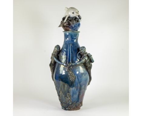 Large ceramic glazed decorative vase decorated with a diver, mermaid and dolphin, 1960s, signedGrote keramieken geglazuurde s