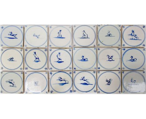 Rare antique 18th century Delft blue tiles (18) with a hare, dog, squirrel and cowZeldzame antieke 18e eeuwse Delfts blauwe t