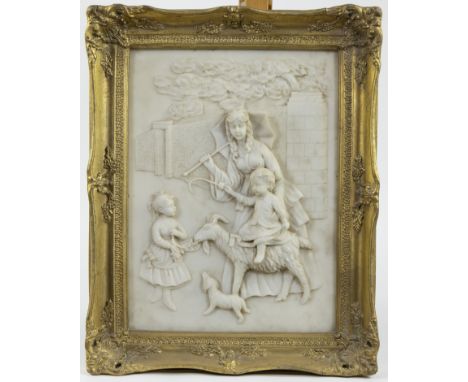Set of 2 finely sculpted plaques in alabaster with decor of a hunting scene and pastoral scene, Italian, 20th centuryLot van 