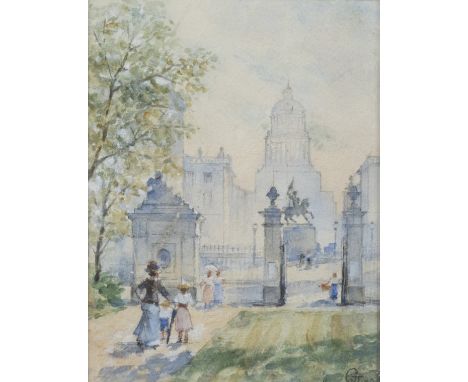 Watercolor Warandepark in Brussels, monogrammed GJ and dated 1909, added etching by Maurice LANGASKENS (1884-1946), numbered 