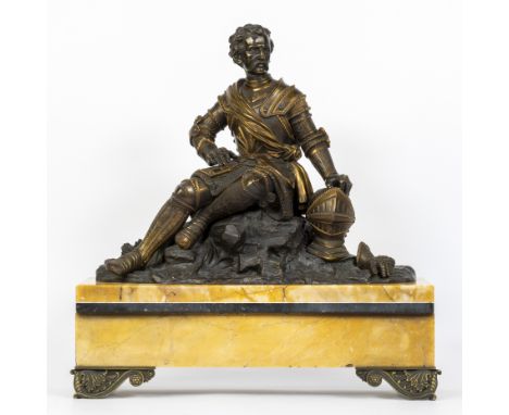 Antique brown patinated and gilt bronze neoclassical-style statue of a resting warlord in armour on Sienna marble plinth, Fra