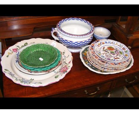 A medley of antique plated including Don Pottery green glazed plates circa 1820 etc.