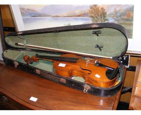 An old violin with maker's name label to the inside - A. Rope - in fitted carrying case with bow CONDITION REPORTOverall Leng