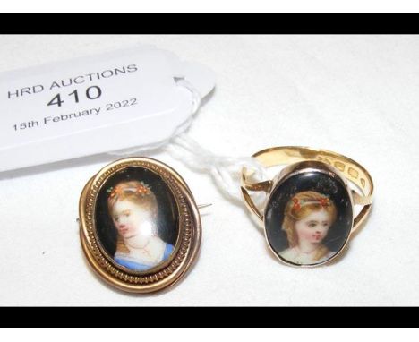 An oval porcelain portrait ring in 22ct gold setting, together with brooch 