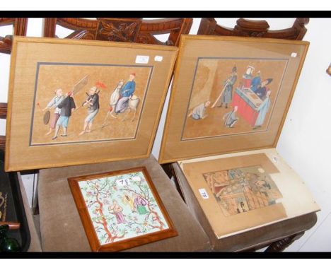 A pair of oriental paintings, together with a woodblock and oriental tile CONDITION REPORT.