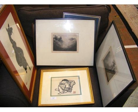 An unusual woodblock print by Michael Edwards 1976 Limited Edition 3/5, together with other pictures