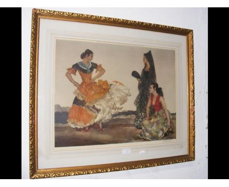 WILLIAM RUSSELL FLINT - coloured print of Spanish dancers with Artist's proof mark and signed in pencil by the Artist to the 