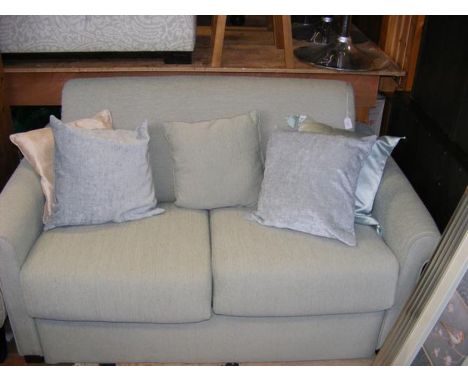 A two-seater sofa bed upholstered in duck egg blue together with assorted cushions