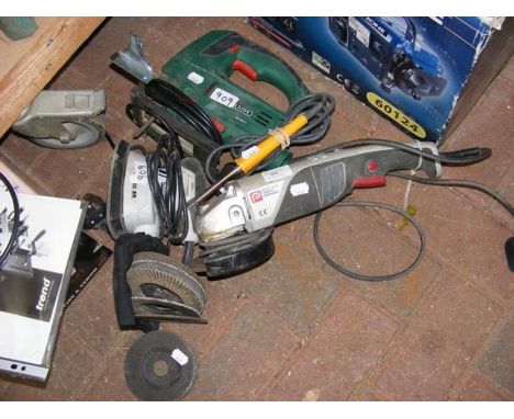 A quantity of power tools including Performance angle grinder and Mac Allister mouse sander etc