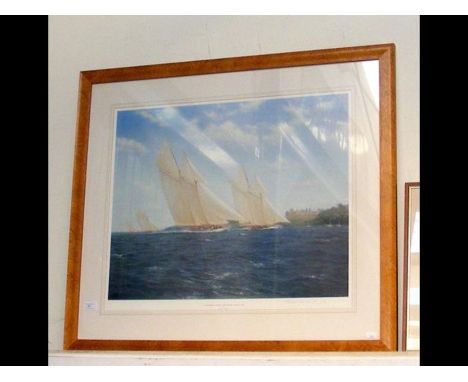 A Limited Edition signed print entitled '"Westward" Racing Past Norris Castle 1910' by STEPHEN J RENARD - framed and glazed 