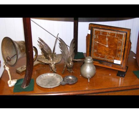 A Smiths Art Deco mantel clock, together with various metal items, including a brass bell 