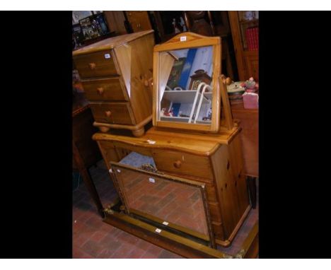 A lacquered pine dressing table and swing mirror, together with a similar stool and bedside table 