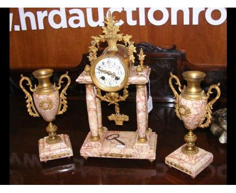A French three piece clock set, the dial marked Jovet - 46cms high