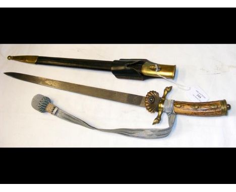 A WWII German Third Reich Deutescher Schutzen Verband hunting sword with antler handle and acorn decoration complete with lea