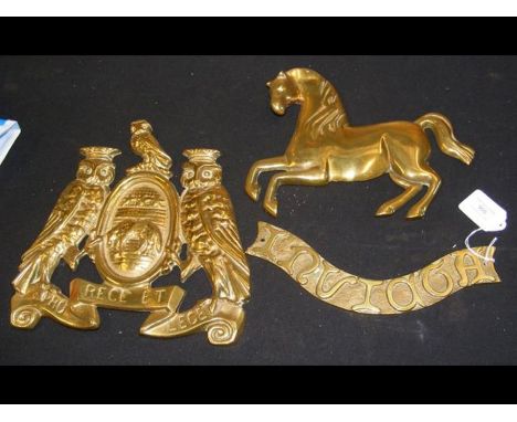 Two traction engine brass nameplates - Aveling &amp; Porter horse and 'Invicta' nameplate, together with Fowler 'owls' 