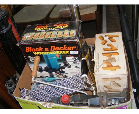 A quantity of vintage woodworking tools, including Black &amp; Decker Plunge Action Router 