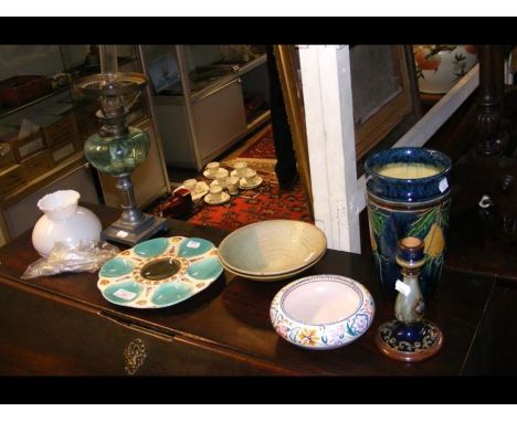 A Majolica 'oyster' dish, Doulton candlestick etc.CONDITION REPORTGood condition, Slight hairline crack on the bottomas per i