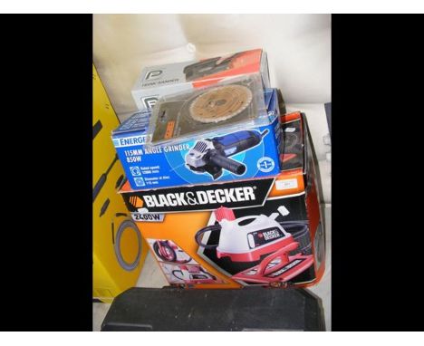 A boxed Black &amp; Decker wallpaper stripper, boxed Energer 115mm angle grinder, boxed sander, etc. 