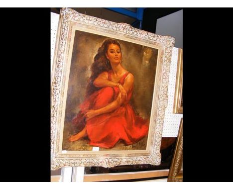 An oil on canvas portrait of Spanish lady in red dress - signed bottom right - 65cm x 54cm CONDITION REPORTFrame and oil appe