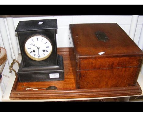 A slate mantel clock, together with a trinket box and antique serving tray 