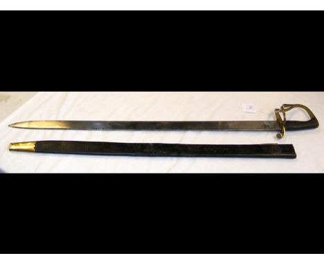 An early Naval Officer's cutlass with ridged wooden grip, the blade 68cms long with leather scabbard CONDITION REPORT.
