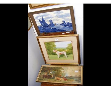A blue and white Delft tile of windmill and boat scene, together with a watercolour of cattle and dog 