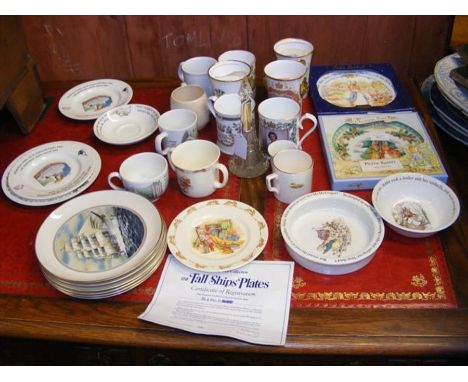 A selection of collectable Peter Rabbit and other ceramic ware, together with a cut glass scent bottle with stopper 