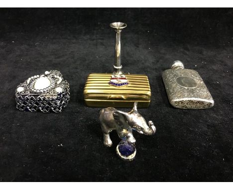 A Silver chatelaine perfume flask, rectangular with screw on ball cover and suspension loops, chased with foliate scrolls abo