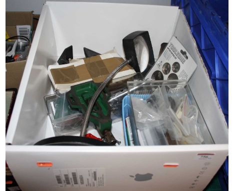 Three boxes containing a collection of various tools to include clamps, a disc saw set, and a table magnifying glass