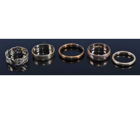 Four various 9ct gold wedding bands, and one other 9ct gold and pierced band ring, gross weight 14.7g (5)