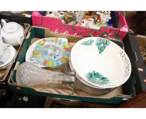 A box of glassware and ceramics, to include a Poole pottery dish, pressed glass claret jug etc 