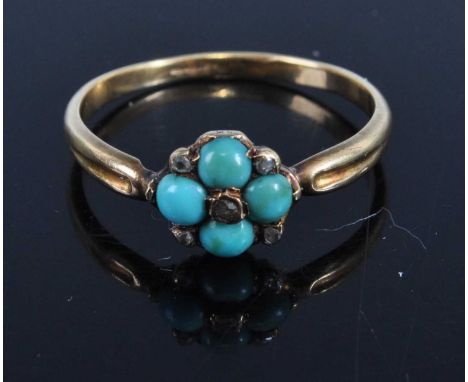 An early 20th century yellow metal turquoise and diamond point set dress ring, unmarked but tests as approx 9ct, 2.1g, size Q