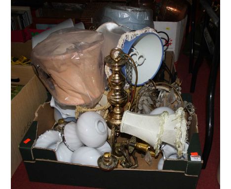 Two boxes of lighting, to include a brass five-branch chandelier