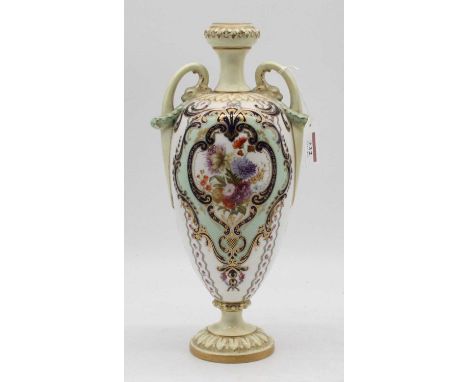 An early 20th century Royal Worcester leadless glaze vase of twin handled baluster form, the central reserve hand painted wit