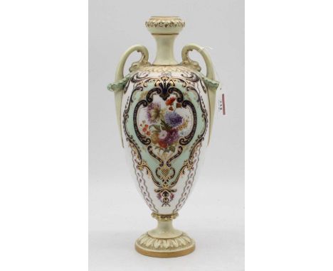 An early 20th century Royal Worcester leadless glaze vase of twin handled baluster form, the central reserve hand painted wit