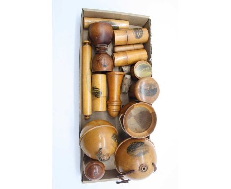 A collection of Mauchline ware, to include apothecary jar and cover printed with a view of Eastcliff Southwold, game counter 