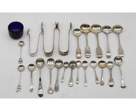 A collection of loose silver and silver plated flatware, 19th century and later, to include mustard spoons, preserve spoons, 