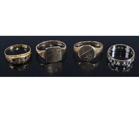 An 18ct gold sapphire and gypsy set diamond point dress ring, 1.9g, size Q, together with two 9ct gold gents signet rings, an