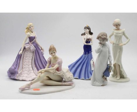 Two Coalport figurines to include 'Katie' and 'Heather' together with a Leonardo Collection figure 'Repose', a Regal figure o