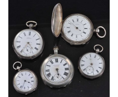 A gents silver cased full hunter pocket watch with engine turned case and keywind movement, together with three other silver 