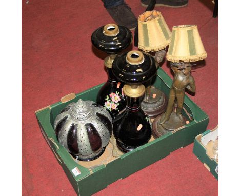 A box of  miscellaneous items to include pair of lamp bases, pair of figural table lamps, ceiling light fitting