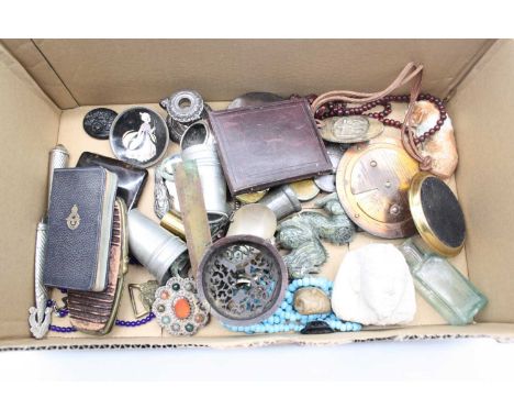 A box of miscellaneous items, to include 19th century papier-mache snuff box and cover of circular form, faux tortoiseshell p