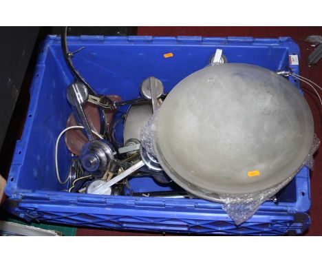 A box containing vintage lighting to include a brass three branch chandelier