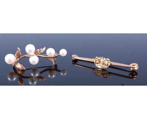 Two brooches, being a yellow metal safety pin style bar brooch with centre cornet set with nine 1 to 1.6mm seed pearls (one d