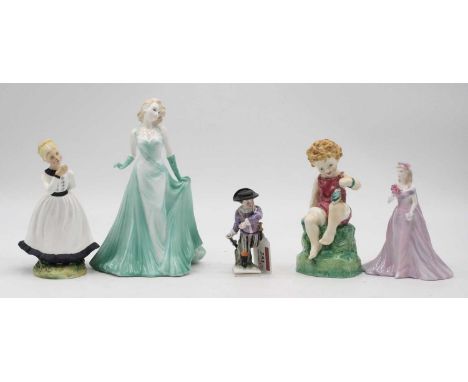 A Royal Worcester figure 'Friday's Child is Loving and Giving' numbered 3523 and printed black mark verso, height 15cm, toget