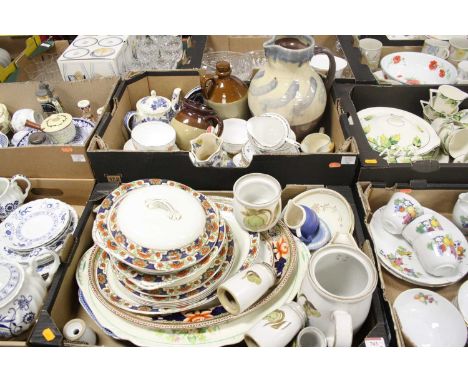 Three boxes of ceramics, to include a Willow Pattern transfer decorated teapot, Mason's ironstone Regency pattern hydra-jug, 